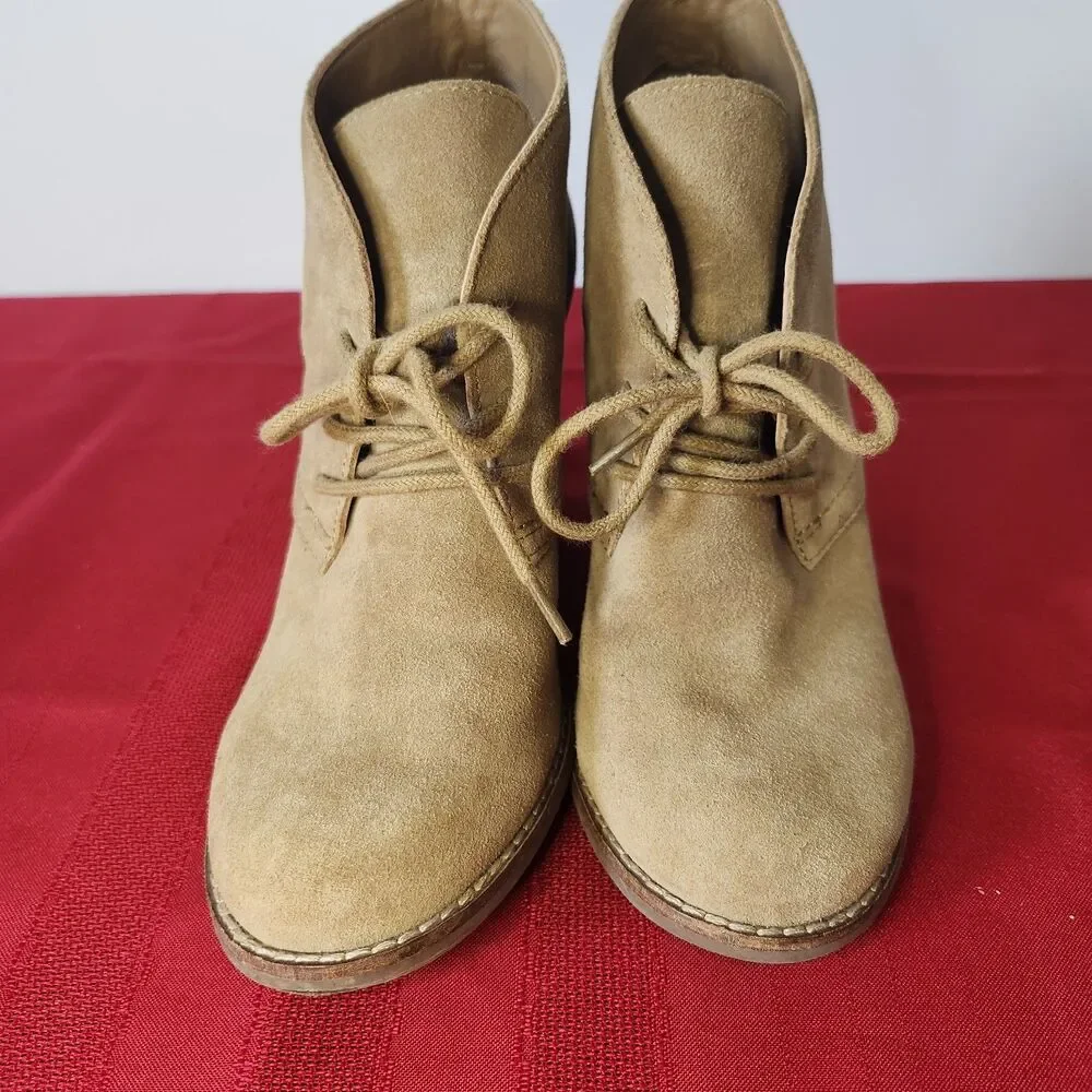 Lucky Brand Yamene Suede Wedge Booties Lace Up Ankle Boots Tan Brown Size 7.5 M